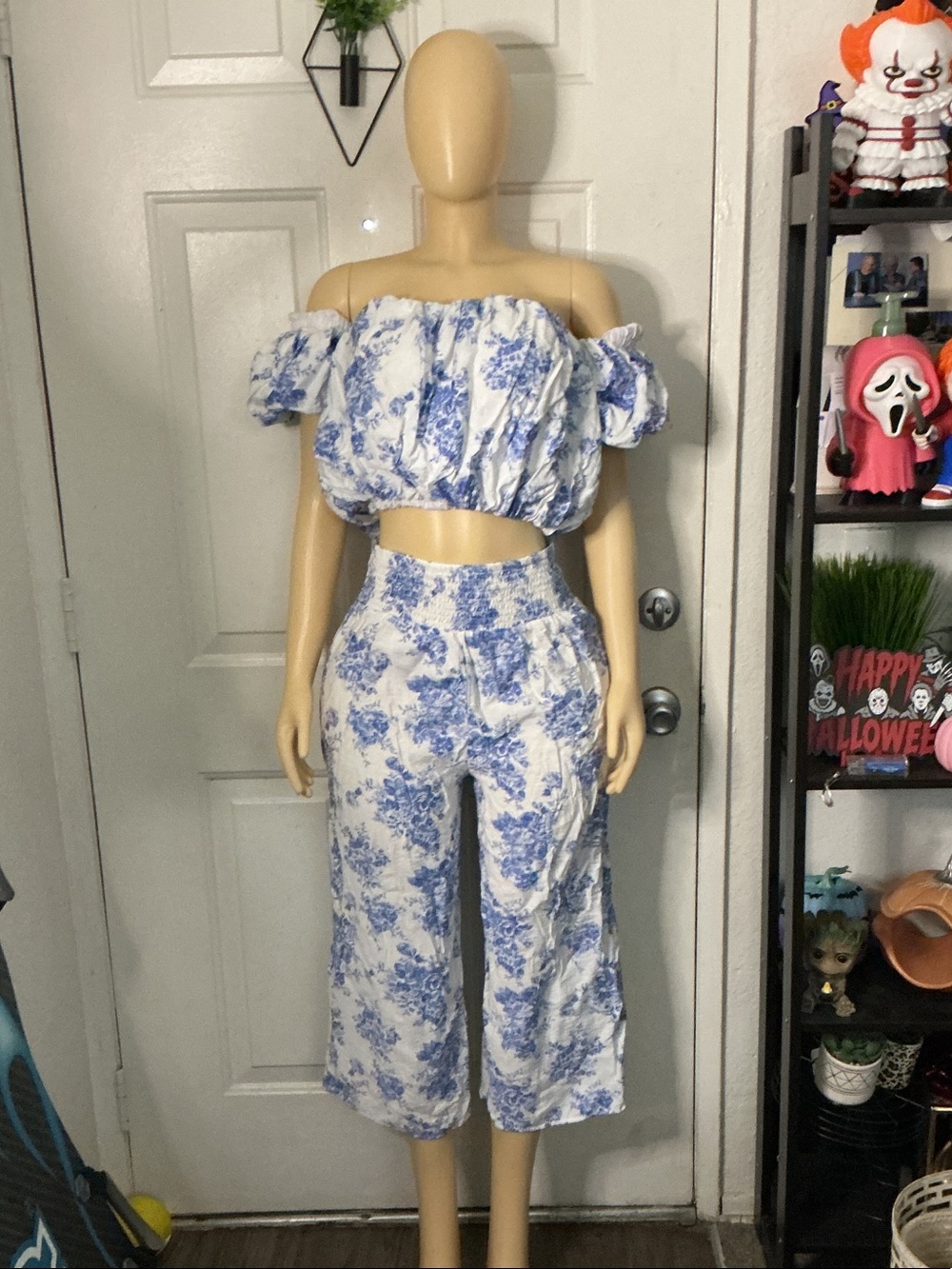 Blue & White Floral Off-Shoulder Crop Top and Wide Leg Pants Set